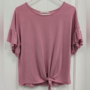 Caution To The Wind Front Tie Pink Flutter Sleeve Top